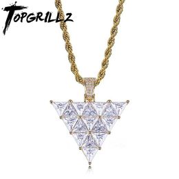 TOPGRILLZ Inverted Triangle Pendant High Quality Copper Gold Colour Plated Micro Pave Cubic Zirconia Hip Hop Charm Jewellery Gift X0707