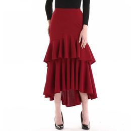 Clearance Ladies Irregular Ruffles Skirt Wine Red Color High Waist Female Elegant Party Wear Bottoms Saias Swallowtail Jupe 210527