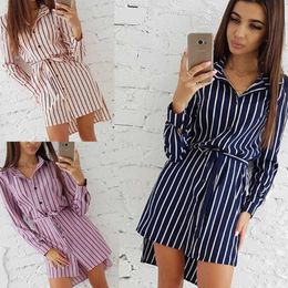 Women Dresses Spring Summer Elegant Casual Striped Shirt Dress Cotton And Linen Lace-Up Single Breated Short Dresses 210527