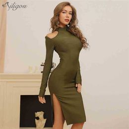 Ladies Solid Colour Army Green O-Neck Hollow Strapless Full-Sleeve Knee-Length Tight Sexy Party Bandage Dress 210525