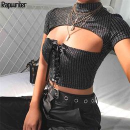 Skinny Cross Lace-Up Hollow Out Elastic Glitter Silver Striped Tops Female Summer Short Sleeve Bandage T-Shirt 210510