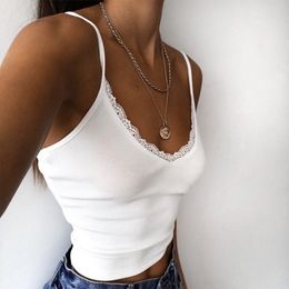 Summer sexy slim short tops Women V-neck Cami Top With Lace Trim camisole female burr Crop tops women 210514