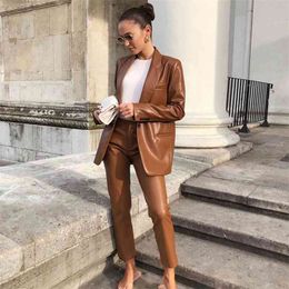 Women 2 piece set Faux Leather Blazer & Trousers High-waist ensemble blazer veste et pantalon femme 210727