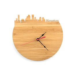 Wall Clocks Creativity Houston Bamboo Clock - Decorate Your Home With Modern Art Skyline Design Gift Natural City