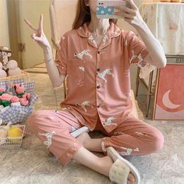 Sale Women Home Wear Spring Summer Short Sleeved Pyjamas Set Long Pant Pyjamas s Cotton Leisure Sleepwear 210809