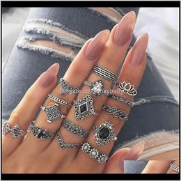 Band Drop Delivery 2021 Women Bohemian Rings Ethnic Style Retro Hollow Lotus Black Gem Joint Ring Fashion Jewellery 15 Piece / Set Appkb