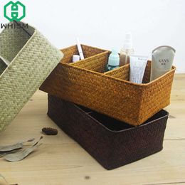 Woven Storage Basket 3Grids Rattan Gadgets Box Snack Organiser Handmade Straw Laundry Kids Toy Container 210609