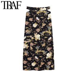 vent out NZ - Women Chic Fashion Floral Print Side Vents Midi Skirt Vintage High Cut-out Waist Back Zipper Female Skirts Mujer 210507