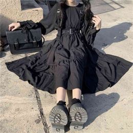 QWEEK Gothic Style Dress Women Harajuku Gothic Lolita Kawaii Dress Punk Cute Long Sleeve Black Midi Dress Emo Mall Goth 210409