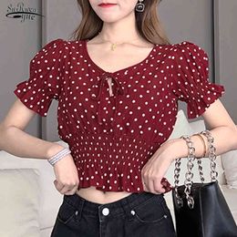 Korean Elegant Slim Waist Ruffles Female Blouse Vintage O-neck Polka Dot Short Sleeve Chiffon Women Blusas 10031 210427