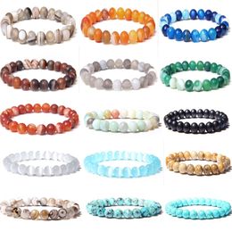 8MM Fashion Beaded Strands Natural Stone Healing Crystal Stretch Beads Bracelet Women Men Handmade Precious Gemstone Round Bracelets Jewelry 30 colors