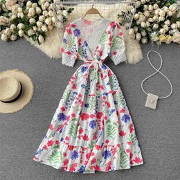 Women Fashion Sweet Print Thin A-line Dress Round Neck Short Sleeve Summer Elegant Harajuku Clothes Vestidos S117 210527
