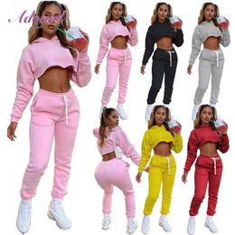 Fitness Plain Colour Two Piece Sets Causal Long Sleeve Crop Tops Hoodies Leggings Drawstring Sweatpants Outfit Active Tracksuit Y0625