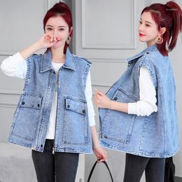 Spring Summer Women Jeans Vest Coat Plus Size Casual Loose Zipper Big Pockets Turn- Down Collar Sleeveless Cowboy Overcoat1