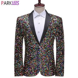 Colourful Sequin Bling Glitter Suit Blazer Men Shawl Collar 1 Button Wedding Stage Singers Shiny Mens Suit Jacket Prom Costume 210522