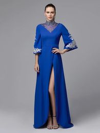 Elegant Royal Blue Evening Dresses High Collar Beaded Applique Side Split Satin A Line Bride Prom Party Gowns Sweep Train Robe De Mariée