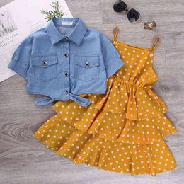 Summer Girls Clothing Sets For Children Polka Dots Birthday Princess Dress Teenagers Girl Sling Dress Kids Outfits 4 8 12Year G1215