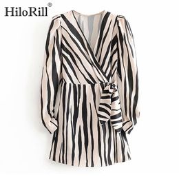 Zebra Stripe Mini Dress Women Bow Tie A Line Party Ladies V Neck Casual Long Sleeve es Vestidos Mujer 210508