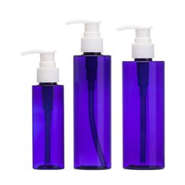 Refillable Plastic Bottle Blue Color Circular Column Shape PET White Lotion Press Pump Empty Cosmetic Portable Packaging Container 100ml 200ml 250ml