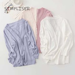 V-neck Ice Silk Cardigans Women Summer Knitted Sweater Thin Pink White Ladies Casual Knitting Coats 2021 Cardigan Femme Y0825