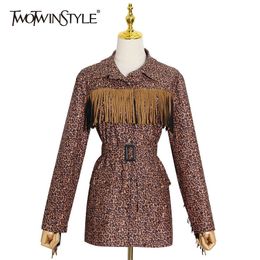 Leopard Print Tassel Coat For Women Lapel Long Sleeve Patchwork High Waist With Sashes Jacket Female Clothes 210524