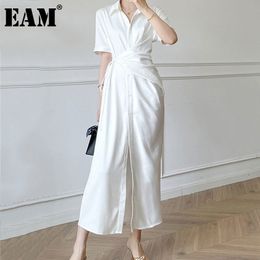 [EAM] Women White Silky Slim Sashes Elegant Dress Lapel Short Sleeve Loose Fit Fashion Spring Summer 1DD7318 21512