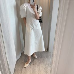 Stylish Vintage Chic A-line Puff Sleeves Slim Summer Minimalist Retro Woman All Match Solid Long Dresses 210421