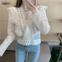 Spring Lace Blouse Women Chic Crochet Hollow Butterfly Long Sleeve White Shirt Puff Casual V-neck Tops Blusas 12960 210521