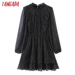 Tangada Women Ruffles Black Dot Print Chiffon Dress Long Sleeve Back Buttons Females Mini Dresses Vestidos SL148 210609