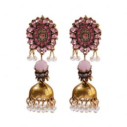 Vintage Women Dangle Earrings Classic Pink Crystal Flower Gold Alloy Bell Earring Indian Wedding Accessoies