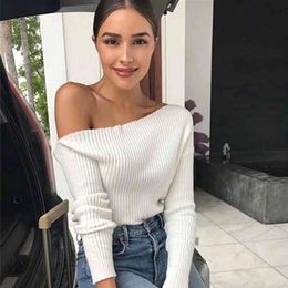 Autumn Winter Pullovers Knitted Women Sweaters Pullover Oblique strapless female Casual Loose Female Jumper pull femme 210514