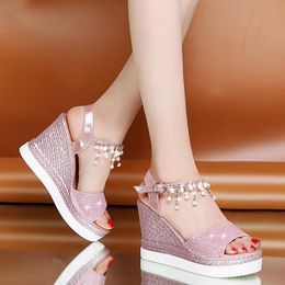 Summer Sandals Female Buckle Strap Bling Shine Casual Shoes Wedges High Heels Women Woman Pearl Flat Platform