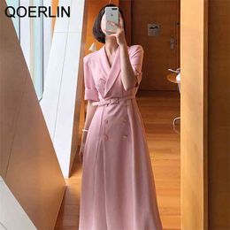 Women OL Formal Blazer Dress Fashion Turn-Down Collar Midi es Summer Short Sleeve Double Breasted Belt 210601