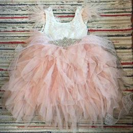 Princess kids feather dress 1st birthday party toddler girls lace flying sleeve summer long with sashes 210529