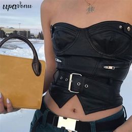 Free Fashion Wrapped Chest PU Leather Top Women's Sexy Strapless Belt Halter Vest Club Nightclub Short 210524