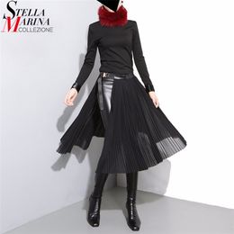 New Japanese Style Woman Solid Black Chiffon Pleated Skirt Adjustable Leather Belt High Waist Split Girls Midi Casual Skirts 876 210330