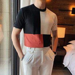 Fashion Colour Matching T-shirt Men Summer Short Sleeve Knitted T-shirt Casual Slim O-neck Tops Tees Ice Silk Breathable Clothes 210527