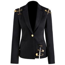 Women Blazer Jacket Pins Deco Hollow Out Slim Single Button High Street Coat 2021 Womens Suits Blazers