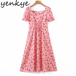 Elegant Women Sweet Cherry Print Holiday Party Dresses Female Front Lace Up Square Neck A-line Midi Satin Summer Dress 210514