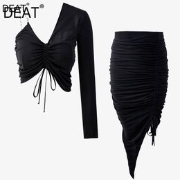 Half-body Skirt Two Pieces Suit One Side Suspenders Black Folds Bow Slim Women Fashion Tide Summer 7D001232 210421