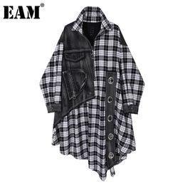 [EAM] Women Black Plaid Denim Big Size Dress New Lapel Long Sleeve Loose Fit Fashion Tide Spring Autumn 1DC284 210409