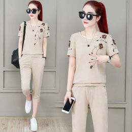 Spring and Summer 2020 New Fashion Running Two Piece Set Short Sleeved Embroidery 2piece Set Women Clothes Blue Apricot Gray X0428