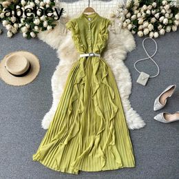 Women Pleated Maxi Dress Autumn Sleeveless Elegant A-line Dresses Korean Fashion Streetwear Long Dress 210715