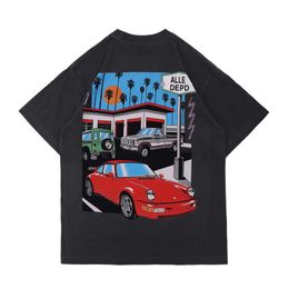 Primavera verão americano unissex drive através de camisa de carro angustiada camarada vintage skate tshirt masculino de rua