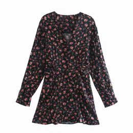 Summer Women Vintage Mini Dress Long Sleeve V-Neck Floral Print Fashion Pleated es Female Elegant A-Line vestido 210513