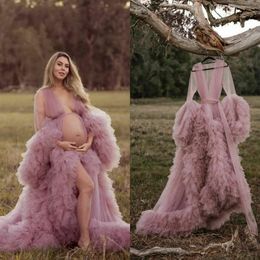 African Maternity Dress Robes for Photo Shoot or baby shower Ruffle Tulle Chic Women Prom Gowns Ruffles Long Sleeve Photography Robe Party Dresses