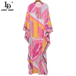 Designer Summer Vintage Floor-Length Long Dress Women O-Neck Bow Belt Geometric Print Loose Female Maxi 210522