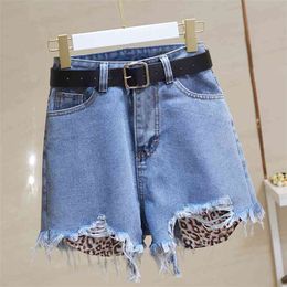 Summer Women High Waist Button Splicing Jeans Shorts Casual Female Loose Irregular Blue Denim With belt 210430