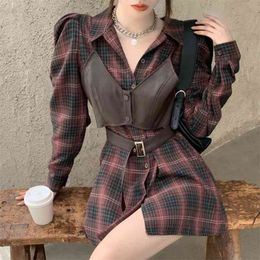 Two Piece Set Women Spring Korean Plaid Turn Down Collar Puff Sleeve Shirt Mini Dress + PU Sling Vest Top Female 210519