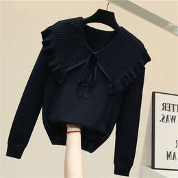 Peter Pan Collar Knitted Pullovers Woman Long Sleeve Solid Soft Fall Sweater Lace Up Elegant Office Lady Jumpers 211018